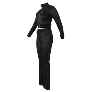 PIHA SPORTS Custom Logo Women's Winter Sporty 2-Piece Velour Zip-Up Crop Jacket Bell Bottoms <b>Pants</b> Pockets Tracksuit - Product Image 2