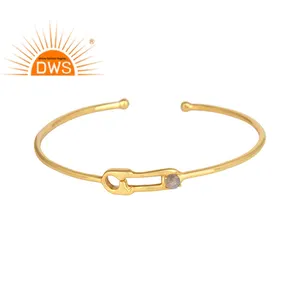 Safety Pin Design 925 Silver Cuff Bracelet Gold Plated Jewelry Supplier Labradorite Gemstone Bracelet