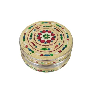 FLOWER DESIGNED STAINLESS STEEL MAKE MEENAKARI DECORATED CONTAINER/ FAVOR BOX -GOLDEN MEENA (4" x 4" x2.5" INCHES)