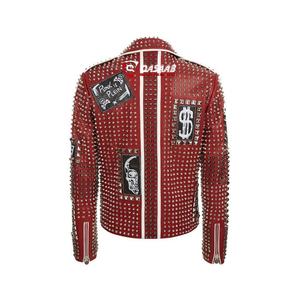 <b>Mens</b> Punk-Brando <b>Motorcycle</b> Studded-Red Biker Leather <b>Jackets</b> - Product Image 2