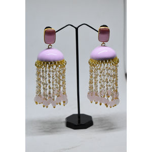 Pendientes largos de aro jhumka con incrustaciones de piedras de latón con acabado mate dorado meenakari tradicional al por mayor para niñas y mujeres - Product Image 1