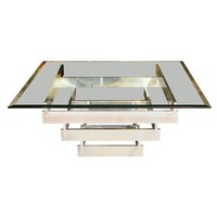 Table basse moderne en verre trempé avec structure métallique et plateau relevable pour salon