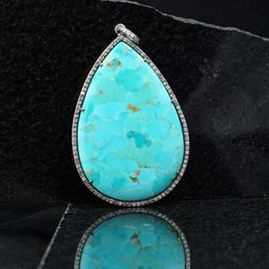 Gema turquesa en forma de gota, colgante de diseñador de diamantes de pavé de plata 925 oxidado, joyería al por mayor - Product Image 1