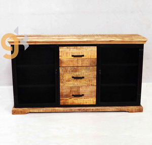 Buffet industriel en métal et en bois au design moderne en bois de manguier massif trois tiroirs armoire à motifs carrés rangement pour le salon à la maison - Product Image 6