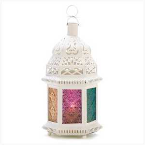 Linterna de vela marroquí con revestimiento blanco de Vidrio colorido, linterna decorativa de boda con acabado hecho a mano de alta calidad - Product Image 1