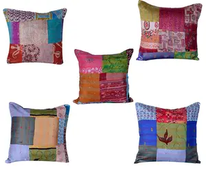 Indian Silk Patch Work Pillow Cover Kantha Stitch Cushion Cover Throw India 16" Handmade kantha silk patchwork cushion cases