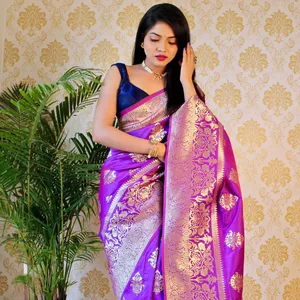 Sari en soie de litchi doux, blanc et bleu, avec broderie zari, sari traditionnel indien, sari en soie Banarasi Kanchipuram Royal Expo - Product Image 1