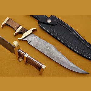 木製ハンドルグリップとファインレザーシース屋外ナイフ卸売ナイフと手作りダマスカス鋼ボウイナイフ
