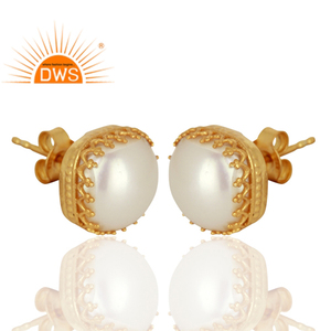 Crown Design Gold Plated <b>Silver</b> Natural Pearl Gemstone <b>Stud</b> Earring Jewelry For Women Gift For Her Dainty Collection - Product Image 2