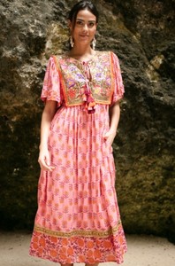 <b>Boho</b> Floral Printed Tie Neck Maxi <b>Dress</b> Sequin Embroidery Loose Fit <b>Long</b> Sleeve Summer Casual Wear Contrast Color Breathable - Product Image 2