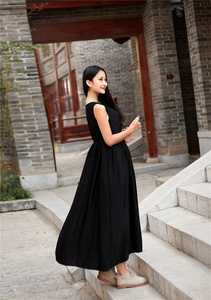 New arrival fashionable trending latest design <b>black</b> color crepe fabric o-neck sleeveless floor-length sexy women linen <b>dress</b> - Product Image 4