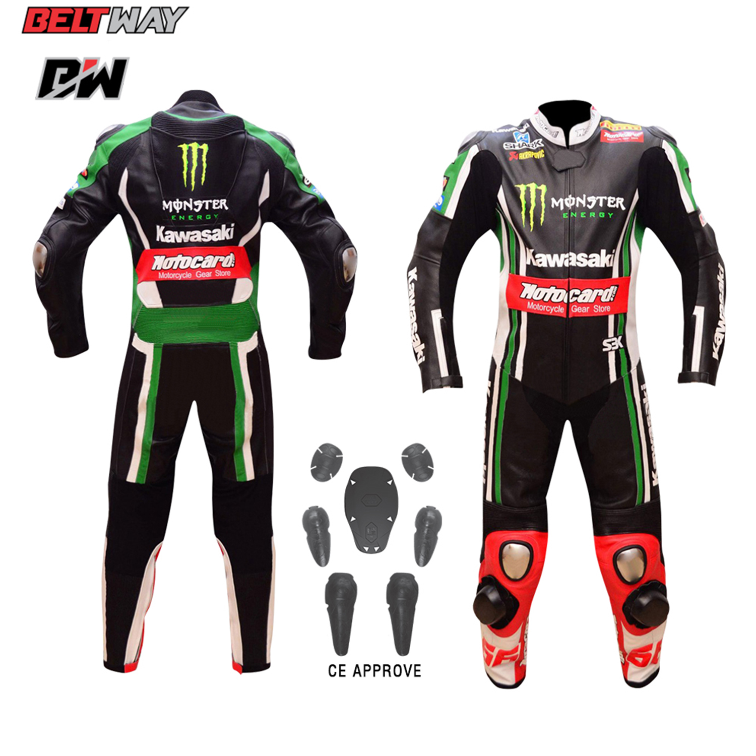 Custom Made Hot Sale Kawasaki Red Green Black Racing Motorbike Leather Suit Kawasaki Motorcycle Leather Racing Suit CE Approved