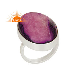 <b>Chunky</b> Oval Purple Druzy Gemstone <b>Ring</b> Solid 925 Sterling Fine <b>Silver</b> Girls <b>Ring</b> Jewelry Manufacturer Classic Collection - Product Image 1