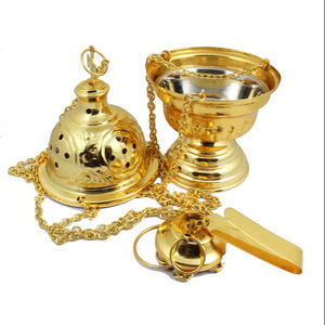 Encensoir gravée croix en laiton massif, fournitures d'église - Product Image 1