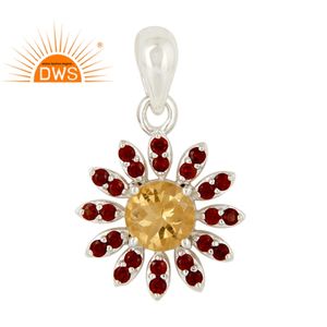 Colgante con diseño Floral de piedras preciosas granate y citrino para mujer, colgante de plata fina, fabricante de joyería - Product Image 1