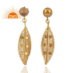Nice <b>Rose</b> <b>Quartz</b> Gemstone <b>Earrings</b> Suppliers Filigree Design Sterling Silver Gold Plated Dangle <b>Earrings</b> Jewelry - Product Image 2