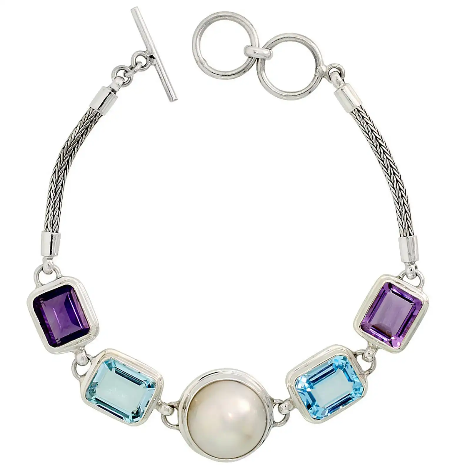 Perle Naturelle Topaze Bleue Améthyste Pierre Précieuse Ronde Et Rectangle Forme Perles 925 Bijoux En Argent Sterling Bracelet 8 "De Long