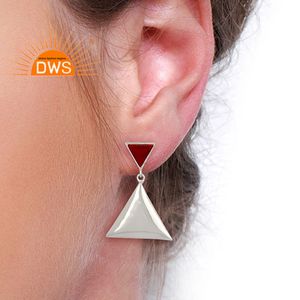 Pendientes de plata de ley con gema de corindón de Rubí, pendientes triangulares de pirámide, venta al por mayor - Product Image 4