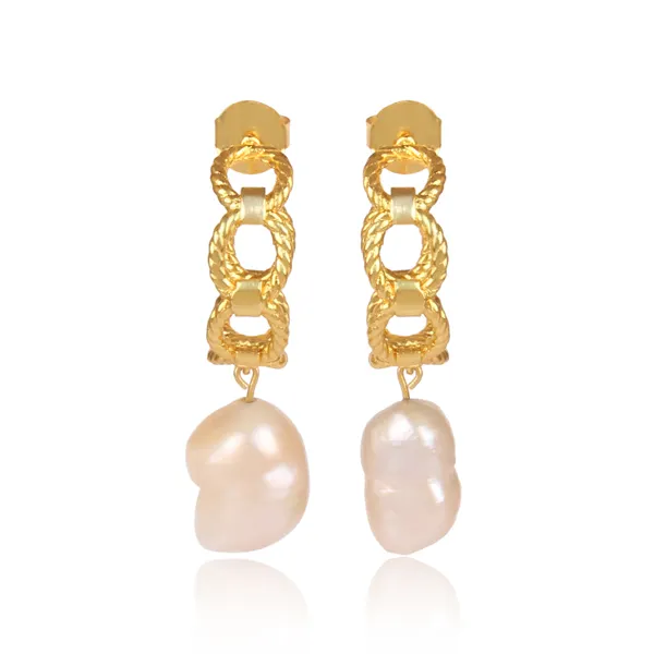 Gold Plated Brass Fashion Dangle Earrings Jewelry Wholesaler Natural White Pearl Hoop Drop Earrings Supplier
