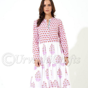 New Summer Cotton Block Printed Fit and Flare Waist Gathering Long Sleeves <b>Vintage</b> Casual Long Maxi <b>Dress</b> <b>for</b> <b>Woman</b> - Product Image 1