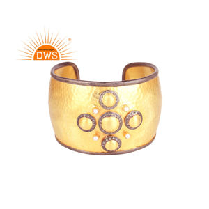 <b>Pearl</b> and White Topaz Gemstone Bangle Yellow <b>Gold</b> Plated Silver Statement Wide Cuff Bangle Jewelry Manufacturer - Product Image 1