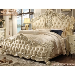 Luxurious Mat Finish Victorian Style Teak <b>Wood</b> <b>King</b> <b>Bed</b> Royal Cream Finish Classic <b>White</b> Customizable Color <b>Size</b> Italian Bedroom - Product Image 1
