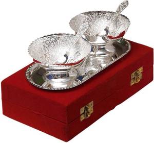 Brass Bowl <b>Set</b> with Tray and Spoons Silver Plated with Velvet Gift Box Diwali Gift - Product Image 5