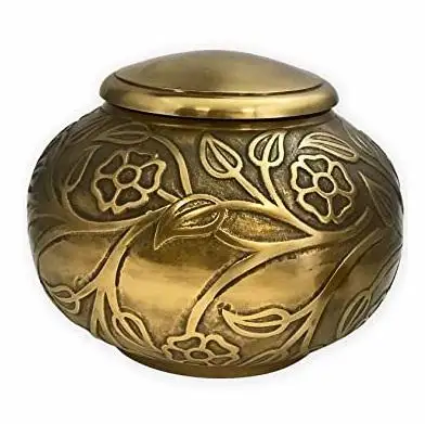 Urno dourado para cremação de flores, urn de bronze antigo para cremação redonda de animais de estimação