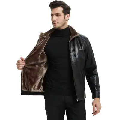 Men's New Fashionable 2021 Top Quality Furcliff Black Real Sheepskin Leather Coat Fully Faux Fur Lined Hot Seller Christmas Gift