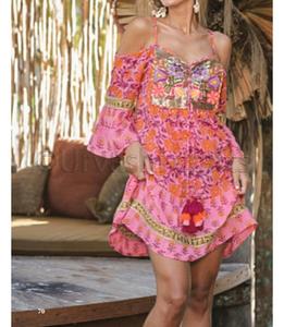 2020แนวโน้มฤดูร้อนดอกไม้พิมพ์เย็นไหล่แขนยาวมินิเดรสสั้น - Product Image 1