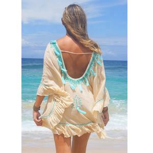 Stately High Quality Bohemian Poncho <b>Dress</b> Unique Floral Hand Embroidered <b>Tassel</b> Lace Back Less Sexy Frill Hem Beach Wear - Product Image 1