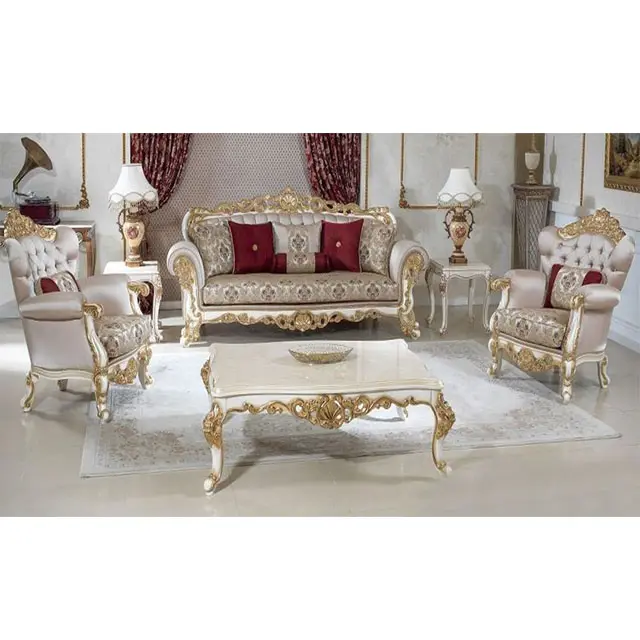 Indian Solid Wood Living Room Sofa Set Luxury Baroque Style Drawing Room Furniture Traditional 5 Seater Living Room Furniture