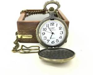 Montre de poche en laiton antique avec boîte en bois montre analogique dorée longue chaîne cadeaux uniques pour hommes montre de poche en laiton doré CHLW034 - Product Image 5