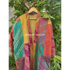 ชุดนอนกิโมโนสไตล์ Kantha ทำด้วยมือหลากสีเสื้อคลุมอาบน้ำผ้าฝ้ายอินเดียแบบเย็บติดชุดแมกซี่เดรสขนาดใหญ่พิเศษขายส่ง - Product Image 3