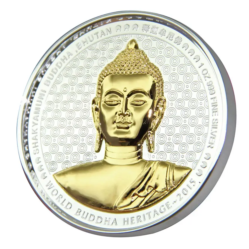 Pièce commémorative de bouddha, en argent et or plaqué deux tons, personnalisé, 50 pièces