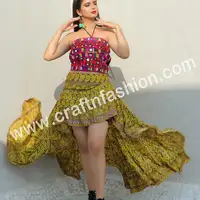 बोहेमियन फैशन इबीसा स्कर्ट-समुद्र तट पहनने उच्च कम मैक्सी पोशाक-भारतीय रेशम साड़ी मैक्सी पोशाक