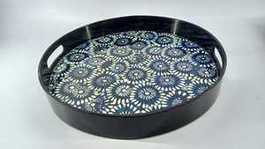 Modern <b>Oval</b> Wooden Serving Tray with Green Leaf Print High Gloss Decorative <b>Coffee</b> <b>Table</b> Tray with Cutout Handles - Product Image 5
