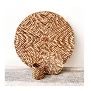 Natuurlijke Hand Geweven Rotan Servetringen En Placemat Plaat Laders Volledige Set Tafel Decoratie