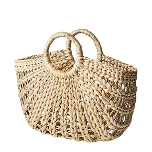 Bolsa de jacinto de agua para compras de tejido natural, diseño de hueso de pescado, cesta tejida básica informal, bolsas de playa de paja