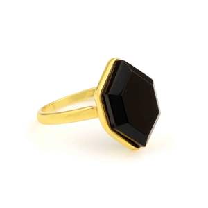 Anillo de Plata de Ley Más Vendido, Sin Deslustre, Sin Níquel, Chapado en Oro de 18k, Engaste de Bisel, Corte Hexagonal de 8x16mm, Ónice Negro Delicado para Mujer - Product Image 1