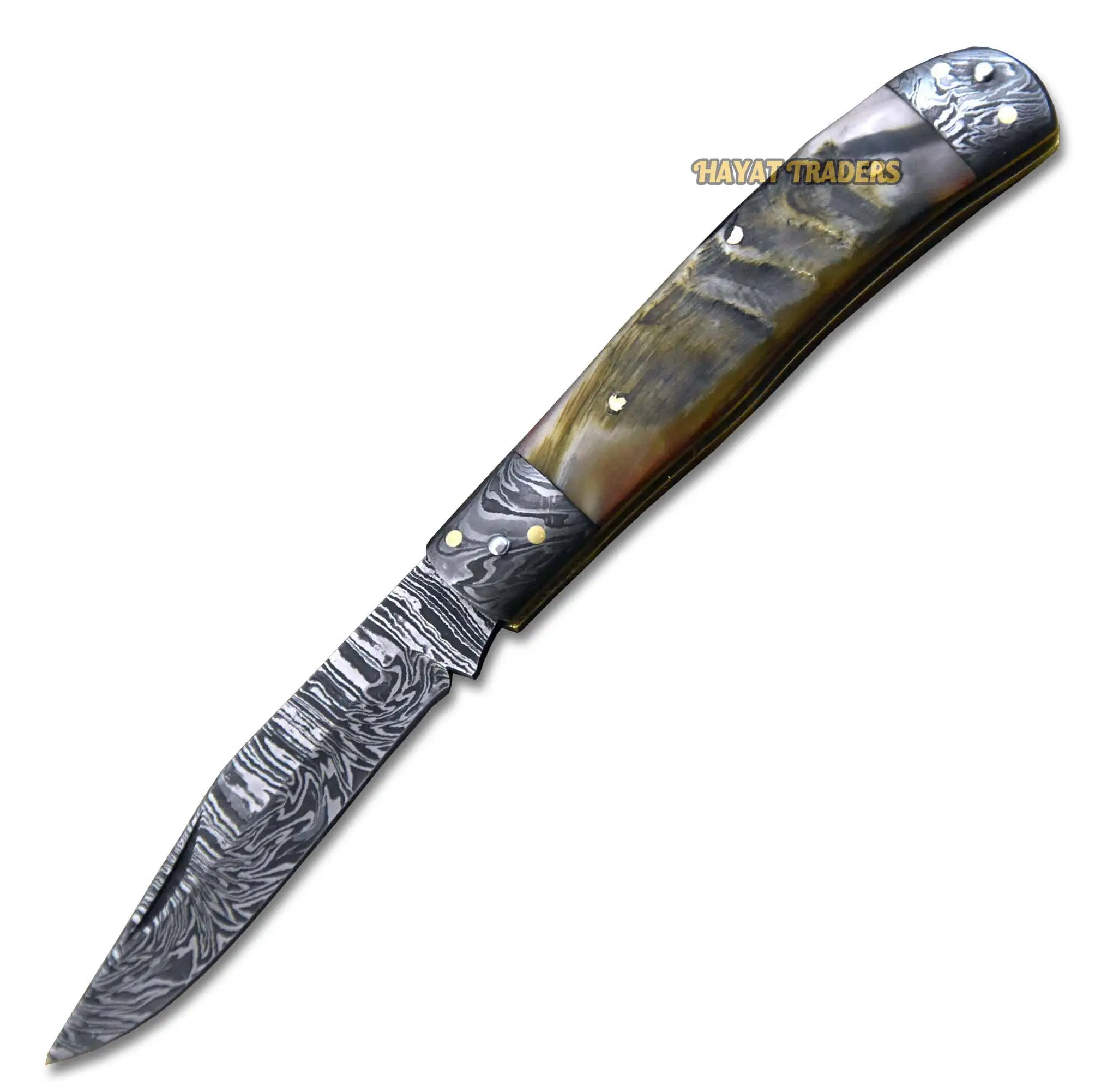 Cuchillo plegable de acero de Damasco forjado a mano, cuchillo de bolsillo, mango de cuerno de carnaza, refuerzo de Damasco, hecho a mano, Funda de cuero