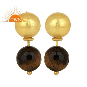 Pendientes de tuerca de ojo de tigre, joyería chapada en oro de 18k, pendientes de plata de ley 925, fabricante de joyería de piedras preciosas - Product Image 1