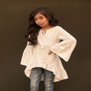 Tunique à manches longues en ivoire, confectionnée en tissu en rayonne doux, pour mignonnes filles, à volants, tenue d'été - Product Image 3