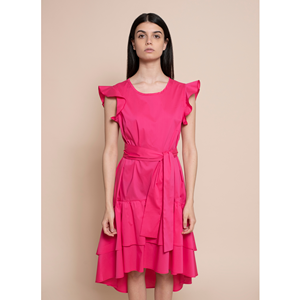 Abito midi SM di alta qualità italiana 100% Goa con doppio scollo rotondo, doppio volant sul fondo e cintura per il giorno. - Product Image 2