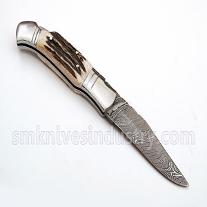 Cuchillo de bolsillo personalizado hecho a mano de acero, de Damasco, con mango de asta de ciervo (smk1121) - Product Image 4