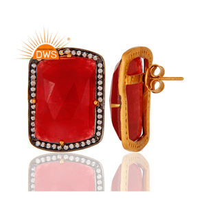 PENDIENTES DE CIRCONIA blanca y Aventurina roja para niñas, joyería de plata 925 chapada en oro indio, al por mayor - Product Image 3