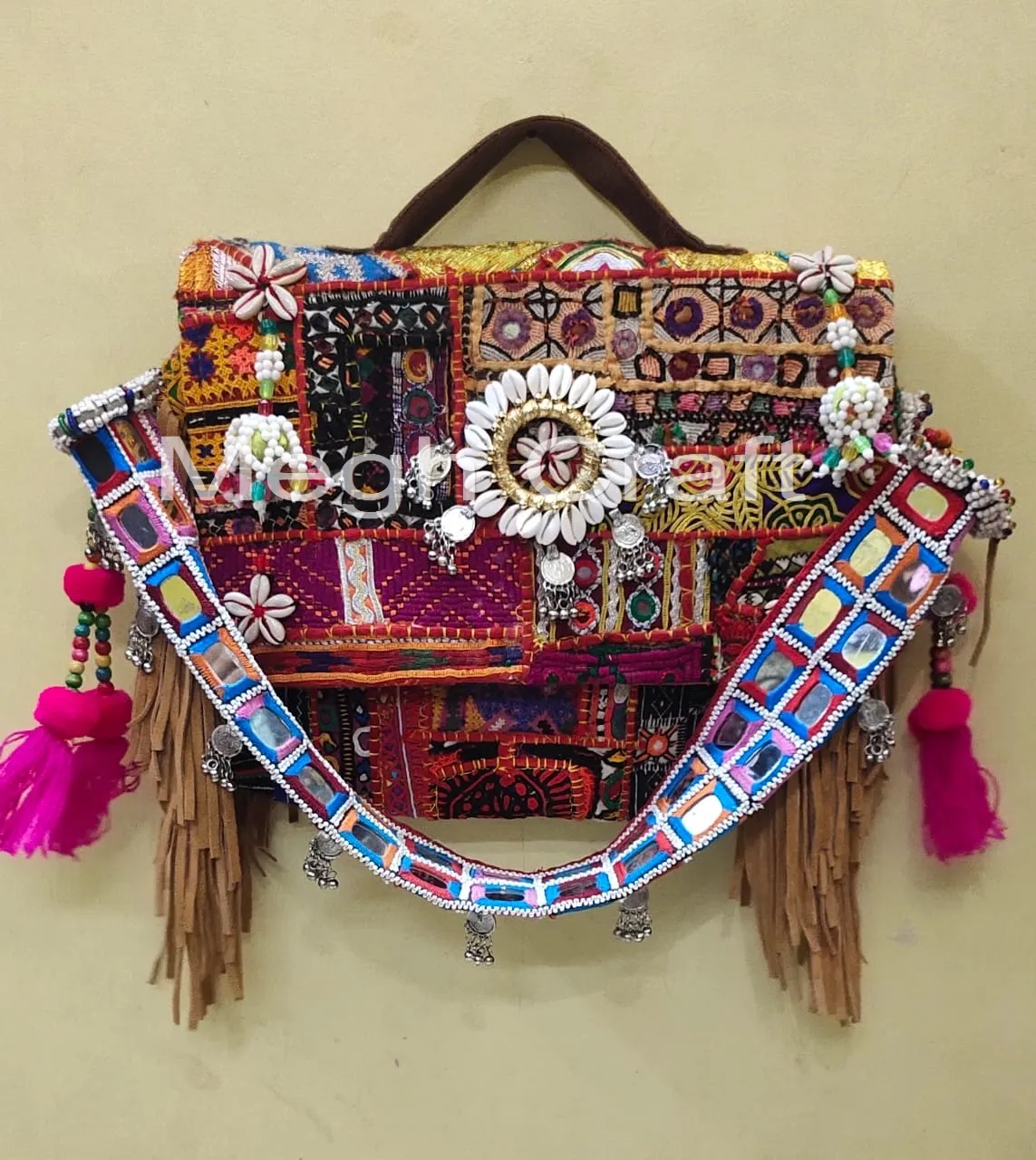 Gujarati Handmade mirror work clutches - Indian Embroidered Banjara vintage Clutch Bag - Vintage leather fringe bag