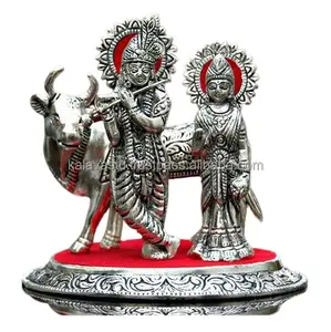 Weiße Metall Lord Rradha Krishna Statue mit Kuh in antikem Finish