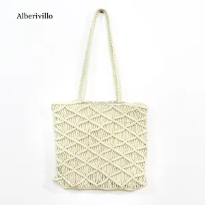 Customized Handmade Cotton Rope Macrame Shopping Bag Foldable Beach Bag For Online