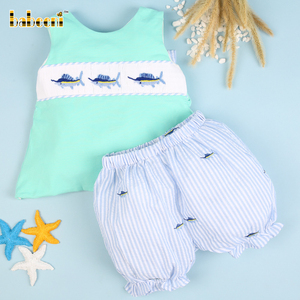 Conjunto de Verano para Niña, Color Verde Menta, Azul Liso y Rayas, Sin Mangas, 100% Algodón, Ropa Infantil al por Mayor BB2144 - Product Image 2